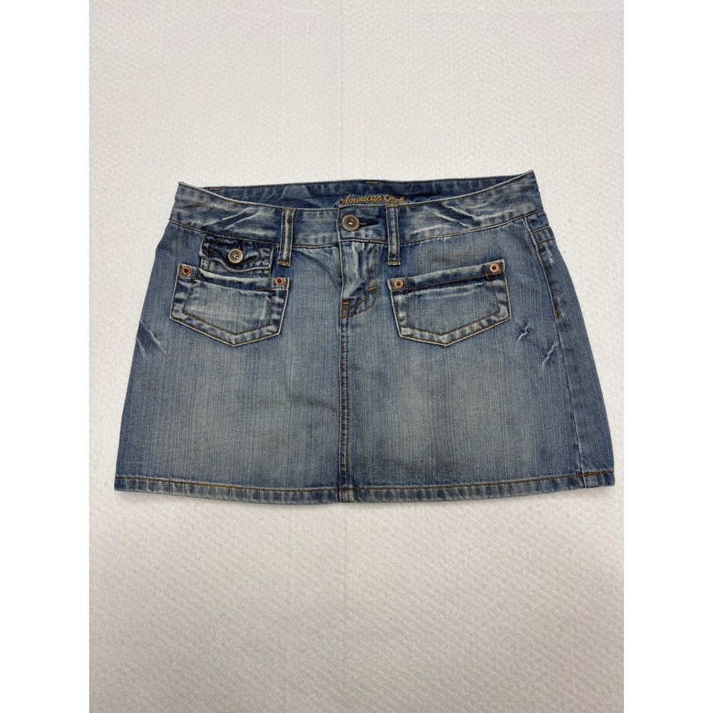 American Eagle Denim Mini Skirt Size 4 Medium Wash Low Rise Y2K Multi Pocket